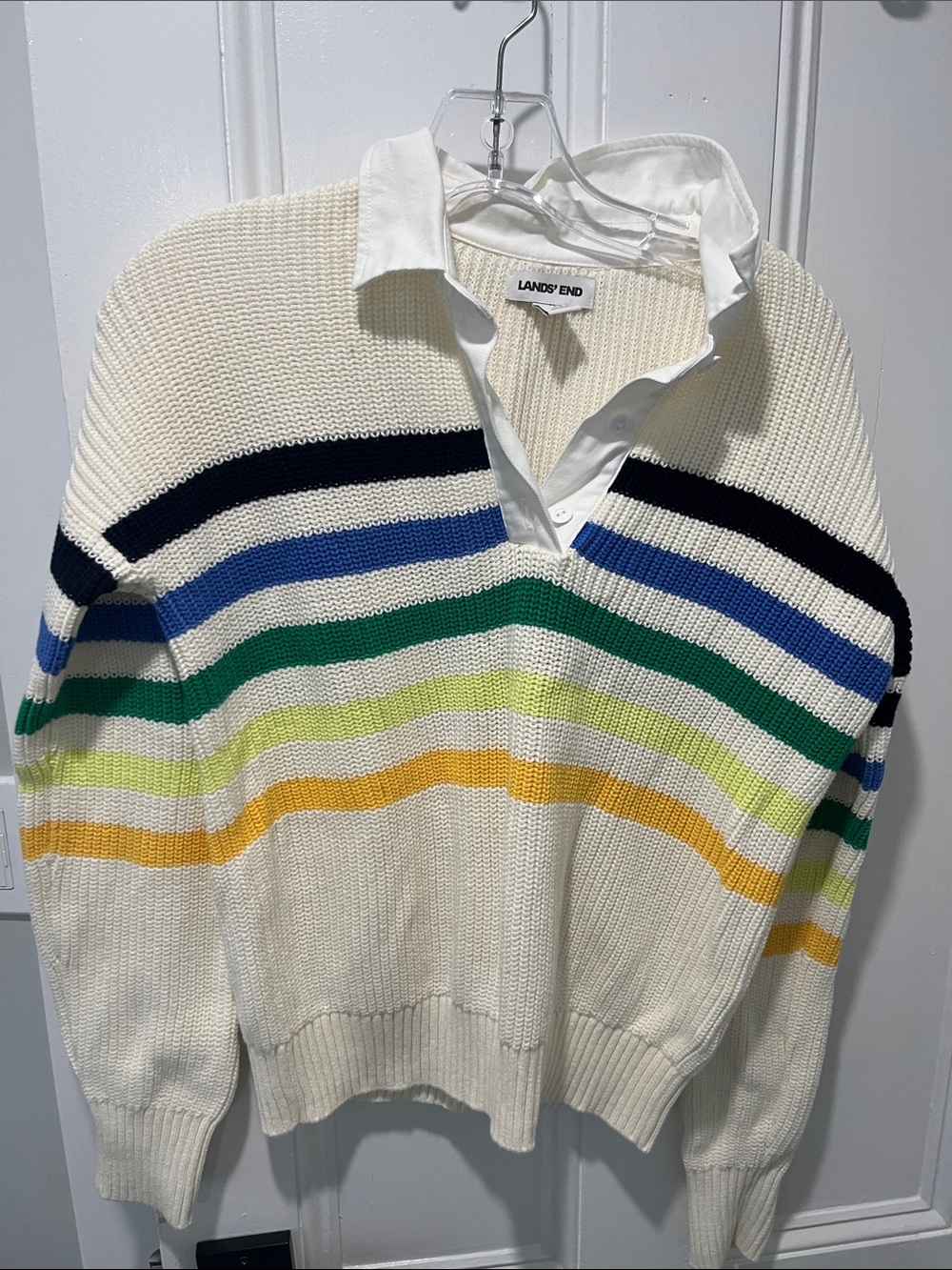 Lands' End Cream Rugby Sweater with Blue, Black, Green and Yellow Stripes